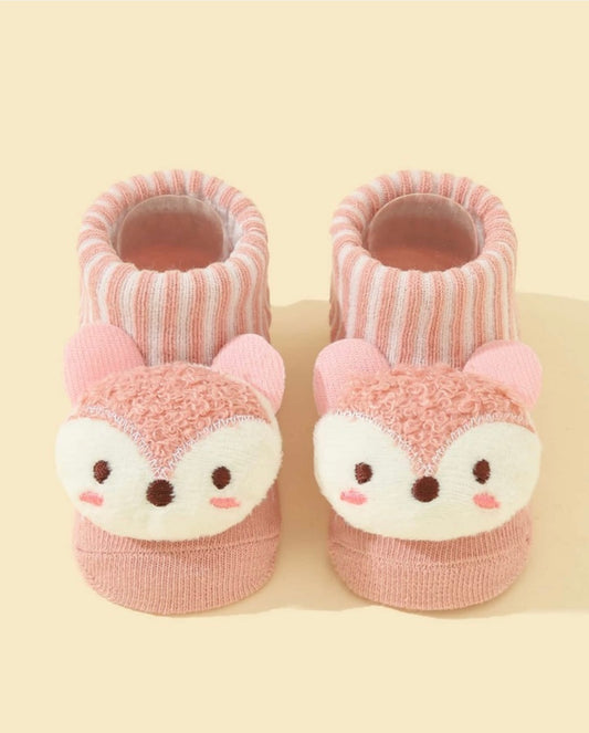Baby Cartoon Fox Socks PINK - 6-12 Months