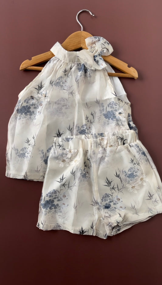 Young Girls Floral Embroidered Mesh Sleeveless Top and bottom - summer- casual -2 piece for upto - 5y)